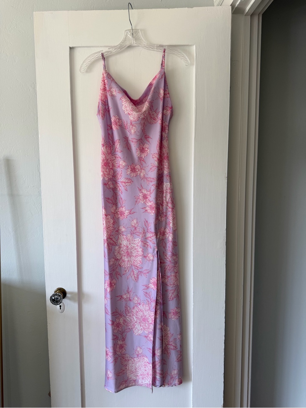Paper Heart S Lavender Pink Floral Cowl Neck Satin Maxi Slip Dress Thigh Slit